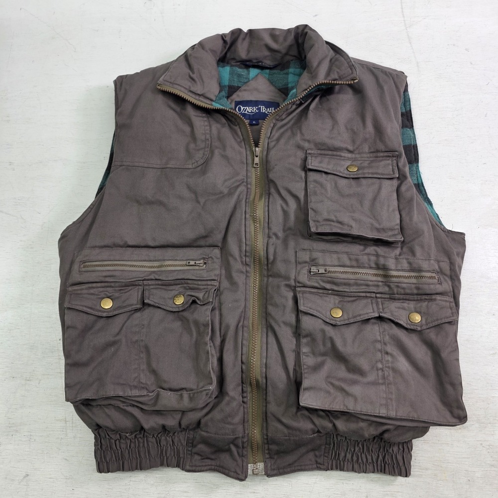 Ozark Trail 90s Green Plaid Gray Cargo Outdoor Puffer Vest Lumberjack Mens Sz XL